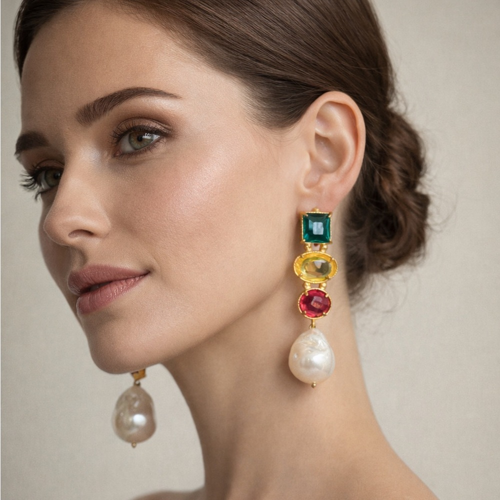 Clara Nicolaides Multicolor Gem Earrings Baroque Pearl Drop Gold Designer - Picture 1 of 5